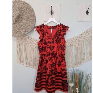 Kensie Black & Red Floral Dress w/ Ruffle Sleeves